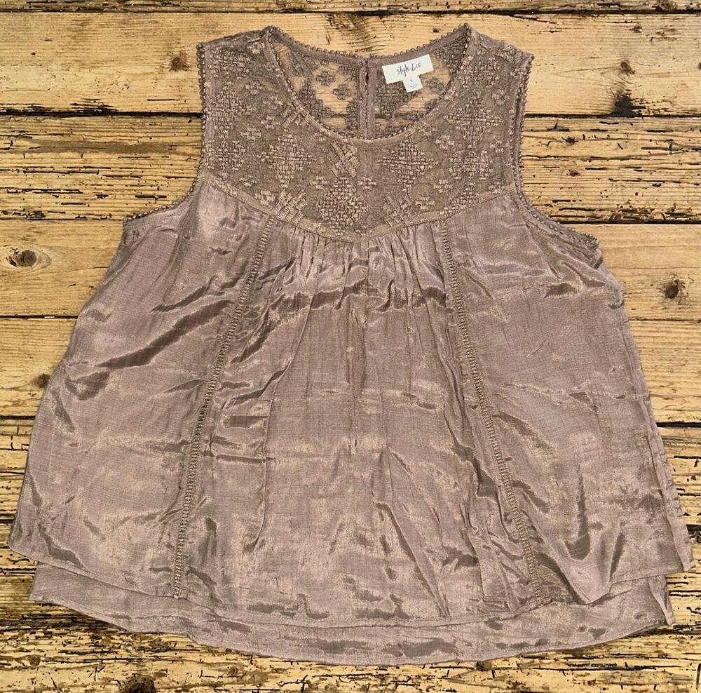 Style & Co Women’s Size S Brown Lace Baby Doll Tank Top NWOT
